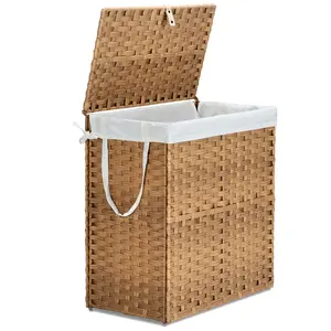 Woven Rattan Laundry Hamper with Adjustable Lid, Dirty Clothes Busket, Foldable, Steel Frame, Machine Washable for Home, Bathroom, Bedroom
