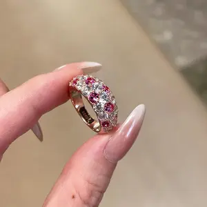 Double Row Colored Diamond Adjustable Ring Full Diamond Luxurious Design Wide Band with Fragmented Diamonds Light Luxury Full Inlay Overlapping Women's Ring High-End Feel for Banquets Copper Material