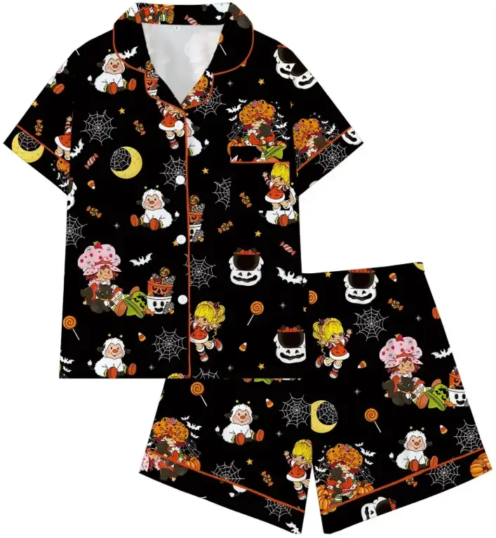 Cute Halloween Pumpkin Ghost Pajama Set, Spooky Bat Candy Spider Web Print Short Sleeve Sleepwear with Shorts, Fun Halloween Lounge Set for Women