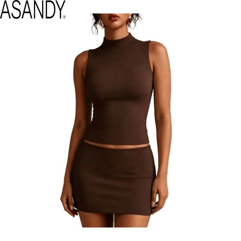 ASANDY Women's 2-Piece Buttery Soft Spandex Activewear Set - Mock Neck Sleeveless Tank and Bodycon Mini Skirt for Yoga & Everyday Wear, Fitness Apparel, Activewear Fitness