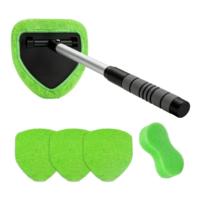 Windshield Cleaning Tool, Car Window Cleaner, Vehicle Window Detailing Cleaning Kit with Extendable Handle & 4Washable Microfiber Pad, Car Interior Glass Wiper Cleaner Kit for Most Vehicles