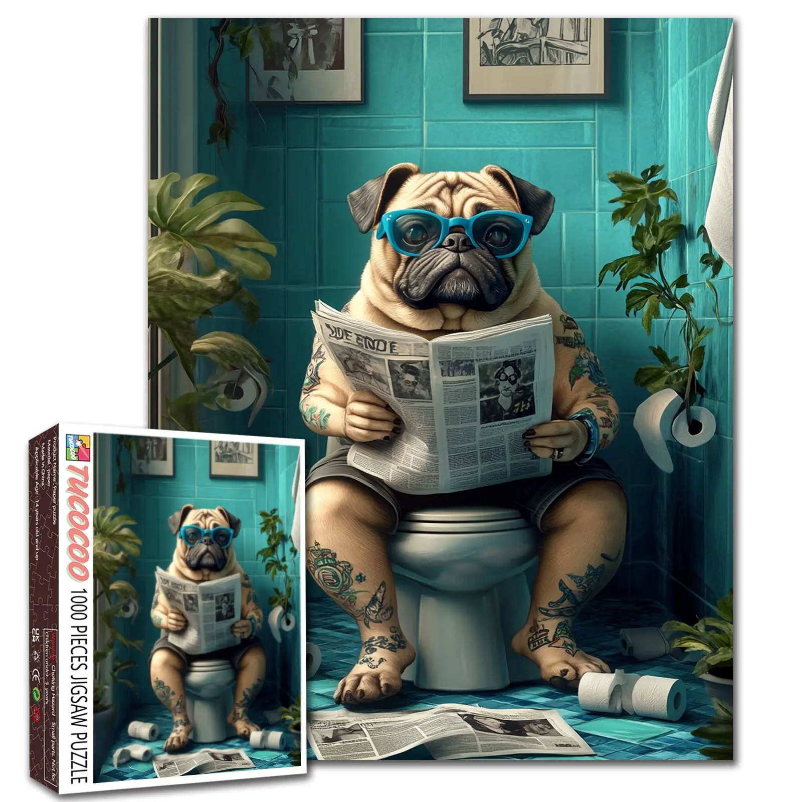 Tucocoo Funny Tattoo Pug Bathroom 1000 Pieces Creative Jigsaw Puzzle Cool Dog Reading Newspaper Blue Glasses Humorous Animal Artwork for Adults, Family Game Night, Stress Relief, Brain Challenge, Wall Decor Gift for Dog Lovers, 27.5x20inch(70x50cm)