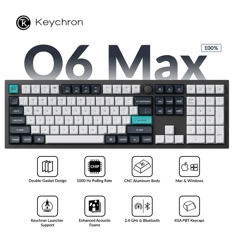 Keychron Q6 Max QMK/VIA Support Computer Keyboard - Full Size, Hot Swappable, Enhanced Acoustic Foams, Aluminum Body, Double-Gasket, Bluetooth 5.1 Wireless, Game Keyboard for Work from Home Productivity & ASMR Experience