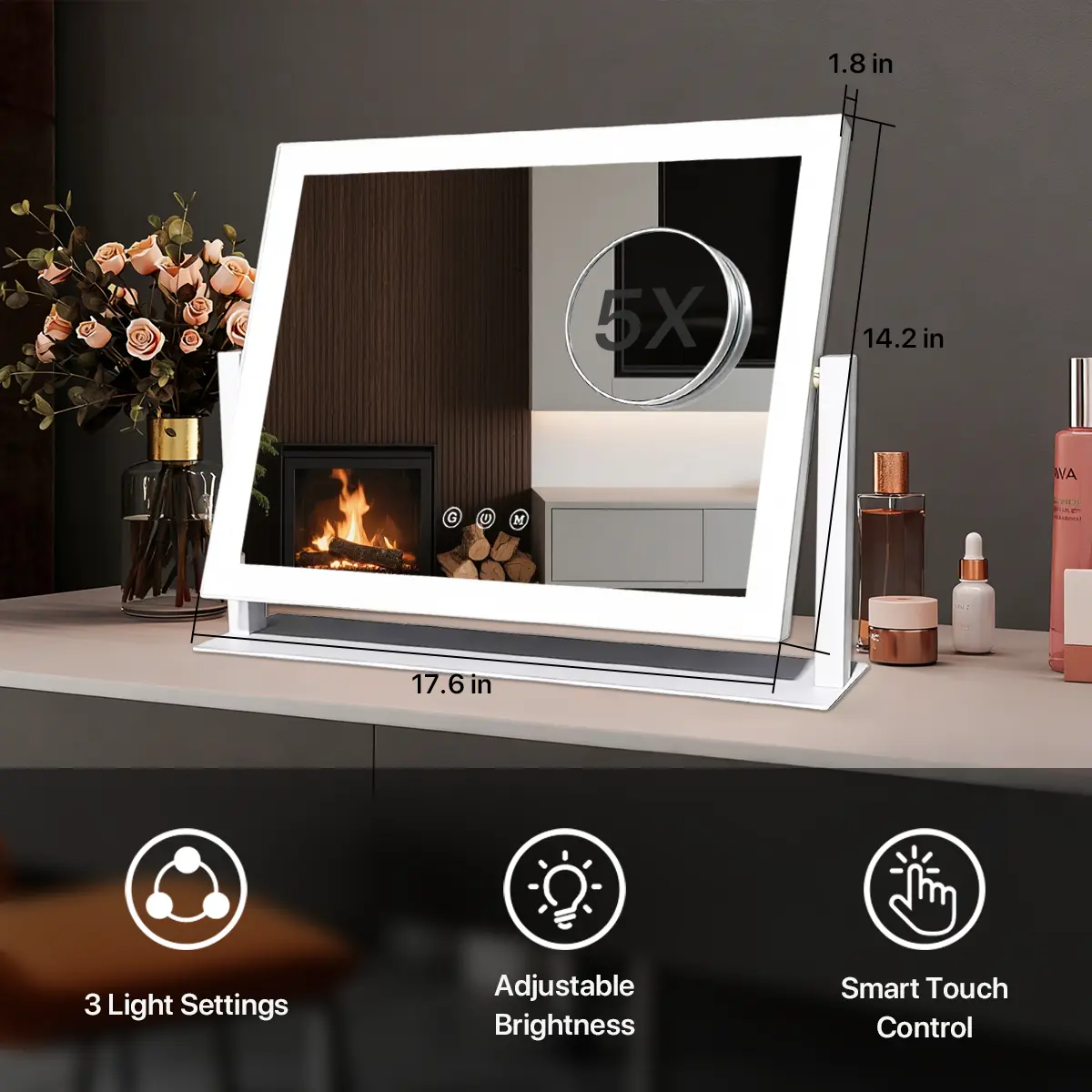 GALENTAL Vanity Mirror with Lights, LED Makeup Mirror with Dimmable 3 Color Modes, Touch Screen Control Vanity Based Mirror Desk Mirror Square White, Dealsforyoudays