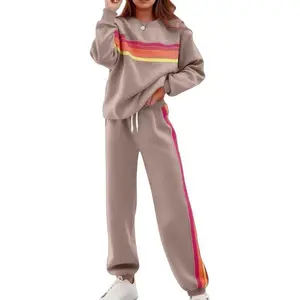 Women's Retro Rainbow Stripe Tracksuit Set Black Long Sleeve Sweatshirt with Horizontal Stripes and Sweatpants with Side Colorful Stripes Cozy Soft Comfy Athleisure Daily Wear Street Style Lounge Outfit(Raincoats)Gift