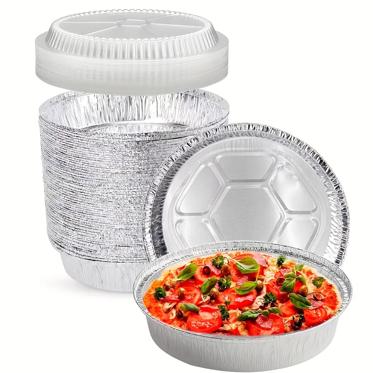 50 Pack 8 Inch Round Aluminum Pans With Plastic Lids Disposable Foil Pans Tin Tray For Baking, Cooking, Heating, Prepping Food