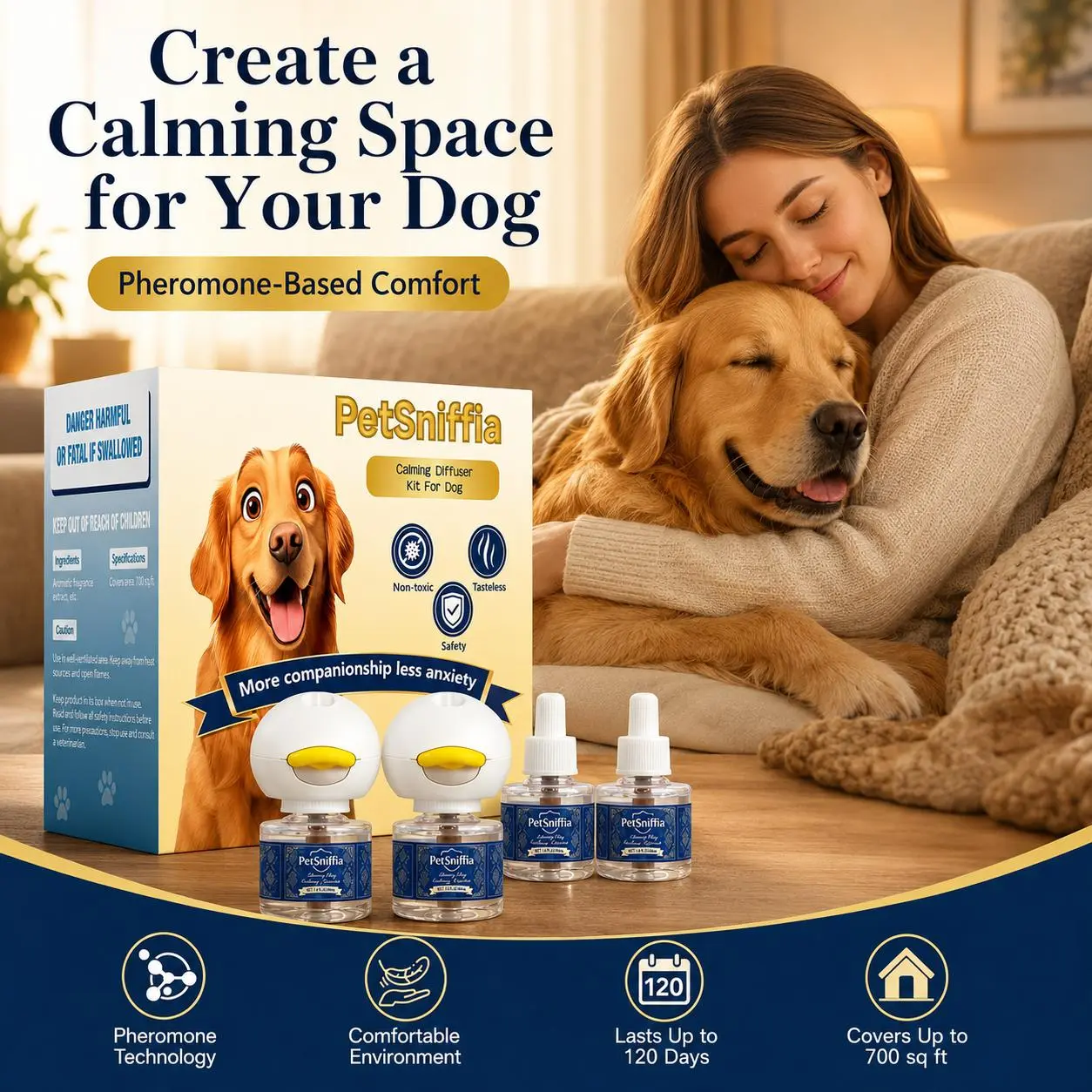 Dog Pheromone Diffuser Kit Set for Home, 2 Plug-Ins & 4 Refills, 120-Day Anxiety Relief Calming Aid Wall Plug Diffuser Supply