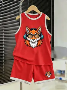 Summer Boys' Sportswear Set, Tank Top and Shorts, Fox Cartoon Print, Cool and Stylish Two-Piece, Loose-Fitting, Sporty Style