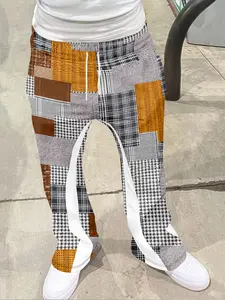 Men's Loose Fit 3D Vintage Plaid Patch Print Long Pants, Casual Sporty Streetwear, Hip Hop Retro Style, All Seasons Patchwork