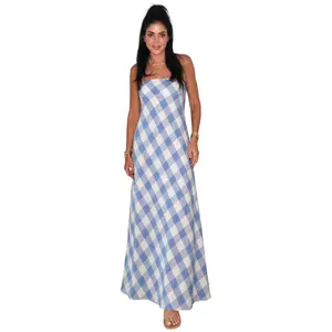Strapless Gingham Linen Maxi Dress