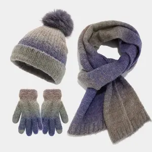 New Tie-Dyed Wool Hat Scarf Gloves Three-Piece Fashion Fur Ball Knitted Hat Suit with Colorful Gradient Design