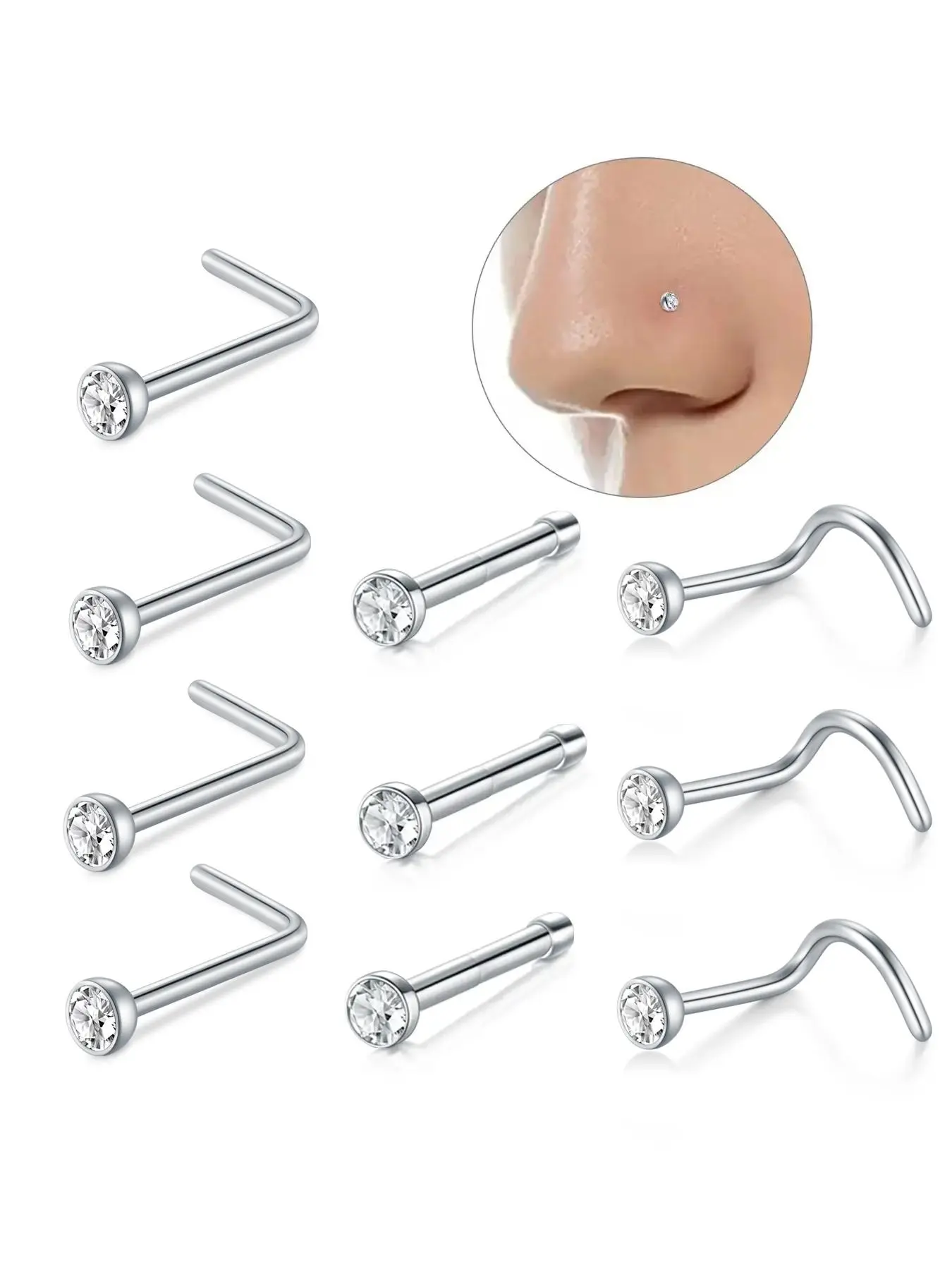 Fashionable Rhinestone Decor Nose Ring, 10pcs/set L-shaped Hook Shaped Straight Nose Stud, Stainless Steel Piercing Nose Jewelry Body Jewelry for Women & Men, Nosepiercings