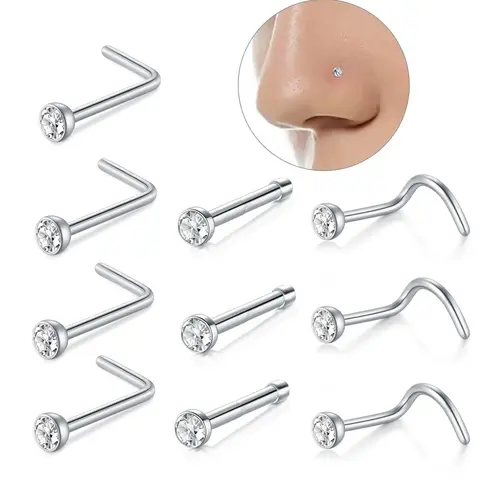 Fashionable Rhinestone Decor Nose Ring, 10pcs/set L-shaped Hook Shaped Straight Nose Stud, Stainless Steel Piercing Nose Jewelry Body Jewelry for Women & Men, Nosepiercings
