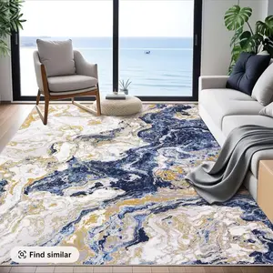 GARVEE Ultra-Thin 9'x12' Abstract Marble Area Rug Low Pile Machine Washable Non Slip Modern Rug for Living Room Bedroom Kitchen Dining Blue