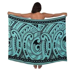 2 YARDS HAWAIIAN PRINT RAYON SARONG - Black/Teal Tribal