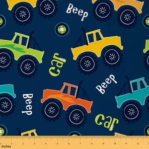 Cartoon Car Fabric by The Yard,3 Yards,Construction Upholstery Fabric for Chairs,Construction Vehicles Tractor Blue Orange Waterproof Fabric