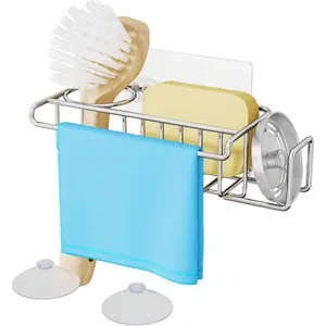 4 in 1 Sink  Sponge Holder, SUS304 Stainless Steel Kitchen Brush Holder + Dish Cloth Hanger + Soap Rack + Sink Stopper Rack + Sponge  for Kitchen -