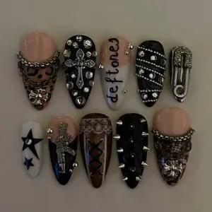 Y2K Gothic Cross Press On Nails | Punk Grunge Chrome Chain & Studs Nail Set | Alternative Statement Nails