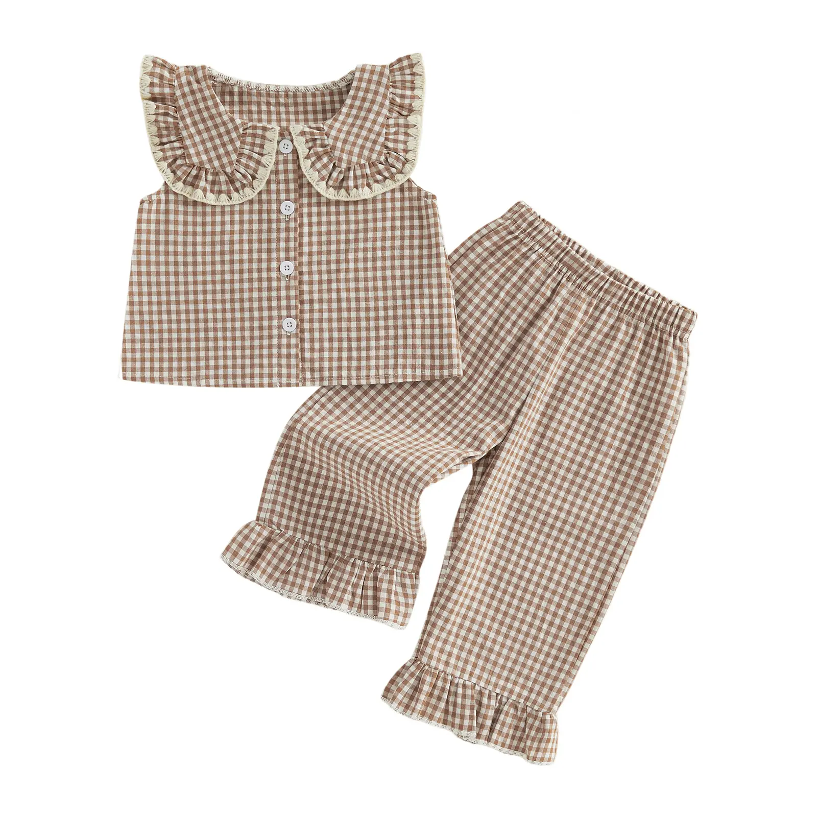 Toddler Baby Girl Summer Outfit Doll Collar Plaid Sleeveless Tank Tops Shirt Ruffle Pants Kids Casual Clothes Set 1-5Y
