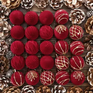 Red 24 count 1.57 Inches  Ornaments for Christmas Tree Decor, Mini Flocked Christmas Balls Decoration Glitter  Tree Ornaments for Holiday Rustic Modern Party Decor