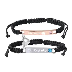Preserved Long-Lasting Rose Gift Box Couple Bracelet Hi Queen Her King Zinc Alloy Braided Bracelet