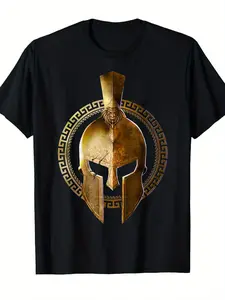 Men's Spartan Helmet Greek Warrior Gladiator T-Shirt - 100% Cotton Breathable Retro Spartan-1 Design for Gym, Workout, Casual & Festival Wear - Ancient Battle Attire for History Buffs