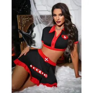 Sexy Nurse Uniform - Red And Black Contrasting Crop Top for Halloween Costume Play Set, Nurse Costume Women Exotic, Roleplay Nurse Costume Crotchless, Sex Nurse Costumes For Women, Nurse Role Play Exotic Outfits, Nurse Outfit Lingerie, Cosplay Attire, Cro