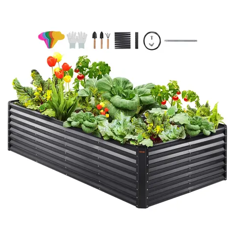 【toolupgrade】VEVOR Galvanized Steel Raised Garden Bed - Dark Gray Rectangular Outdoor Metal Planter, Larger Capacity with Drainage Bottom, Pre-Drilled Holes for Fast Setup, 94.5x47.2x23.6in, Gloves, Screws, 20 Planting Labels for Flowers, Veggies