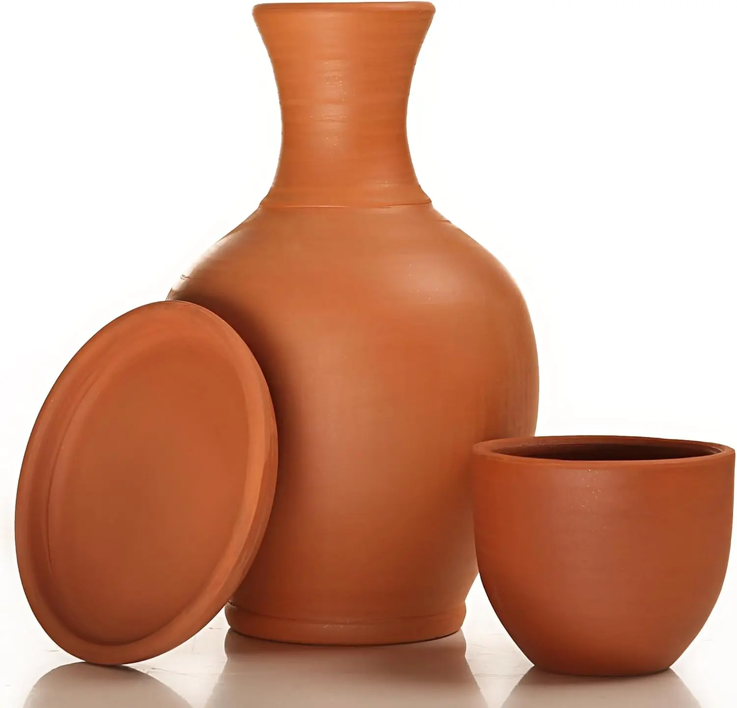 Terracotta Mud Jugs with Mug and Platter, Earthen Water Carafe Set, Pottery Jar for Drinking Water, 76 oz