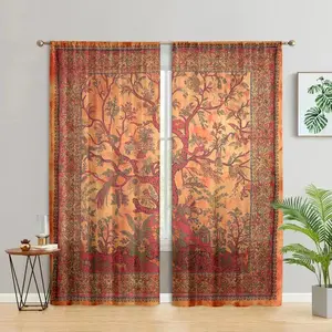 Boho Style Tree Pattern Printing Curtain, 2 Counts Retro Floral Tree Pattern Design Curtain, Fashionable Home Decoration for Bedroom, Living Room, Apartment, Kitchen, Study, Bathroom, Grommet Curtains
