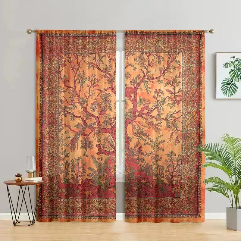 Boho Style Tree Pattern Printing Curtain, 2 Counts Retro Floral Tree Pattern Design Curtain, Home Decorative Curtain, Fashionable Home Decoration for Bedroom, Living Room, Apartment, Kitchen, Study, Bathroom, Grommet Curtains, Window Drapes