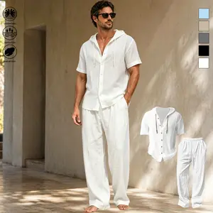 New men’s casual cotton-linen hooded long-sleeve sweatshirt with buttons and matching pants—solid color, versatile for outdoor wear; premium trendy men’s style. Quick-drying, sweat-wicking, breathable; suitable for daily commuting and beach outings.