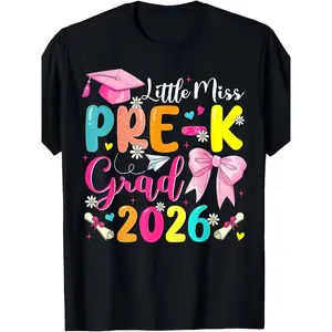 Little Miss Pre-K Grad 2026 Preschool Graduation Kids Girls T-Shirt | Pure, Casual Style, Crew Neck, Short Sleeve, Geometric Pattern, Size 120-160