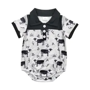 SR0220--western Bull symbol grey and black short-sleeved romper