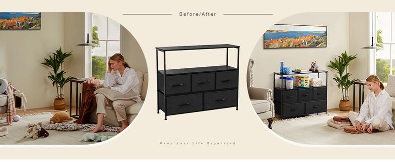 Entertainment Center with 5 Fabric, Media Console Table Open Storage Shelf Dresser for Bedroom/Living Room/Hallway, TV Stand with 5 Drawers Entertainment Center with 5 Fabric, Media Console Table Open Storage Shelf Dresser for Bedroom/Living Room/Hallway, TV Stand with 5 Drawers