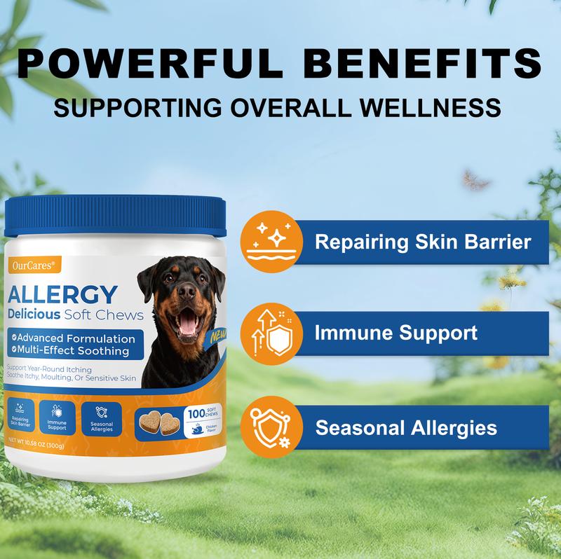 OurCares Generation 2 Dog Allergy Relief Chews  Support Seasonal Allergies Gut & Digestive Health With Colostrum Vitamin C Probiotic - Chicken Flavor - 120 Soft Chews Pet Daily Snacks