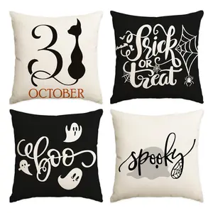 4pcs Halloween Pillow Cover, Trick or Treat, Happy Halloween Black Cat Pillow Cover, Spider Web Ghost BOO Halloween Night Decoration Sofa Cushion Cover, Suitable for Bedroom, Living Room, Sofa, Farmhouse, Bed, Car Decoration Pillow Cover (No Pillow Core)