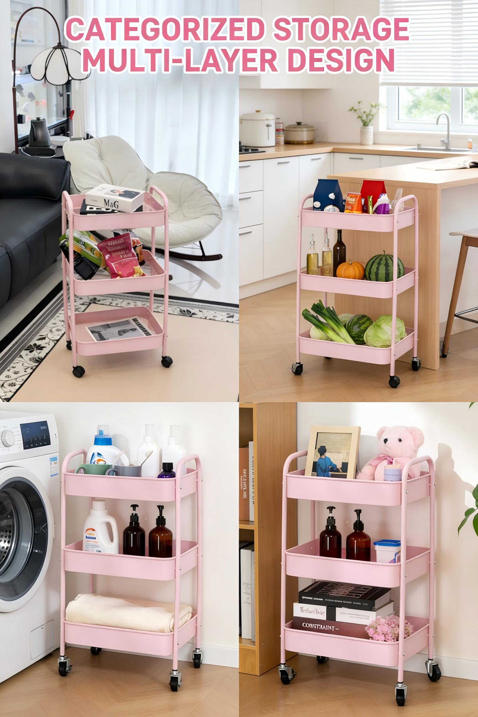 Basics 3-Tier Rolling Utility or Kitchen Cart, Lockable Wheels, Multifunctional Storage, Metal Storage Organizer, Portable, Dusty