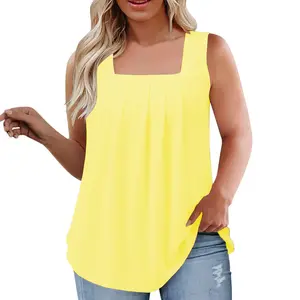 Loose Fit S-3XL Summer Sleeveless Square Neck Tops Flowy Pleated Tunic Tank Tops for Women