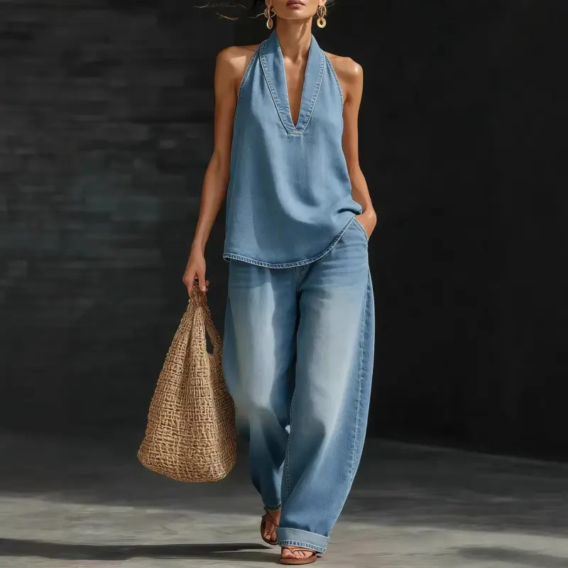 Women's 2026 Autumn New Suit Set - Retro Lapel Frog Button Denim Top, Wide-Leg Pants Clothes Womenswear