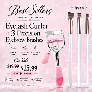 Stainless Steel Eyelash Curler with Built-In Comb & 3 Precision Eyebrow Brushes – 4 Piece Beauty Set