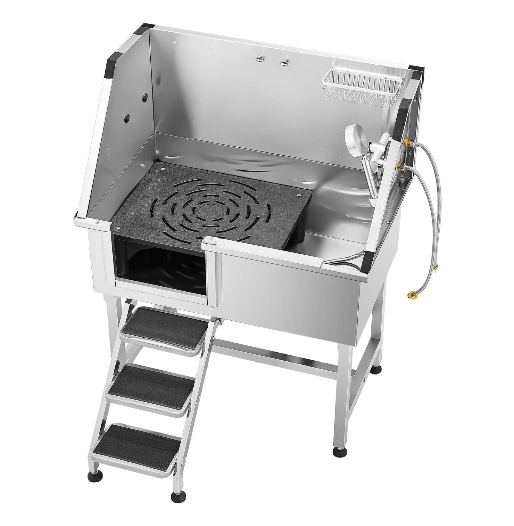 38 Inch Stainless Steel Dog Grooming Station Tub - Left/Right Door Option with Secure Closure, Hot/Cold Bath Showerhead, Anti-Slip Stairs, Complete Drainage Kit, 38.6l x 20.5w x 33.5h, 100kg/220lbs Capacity, Ideal for Poodles