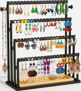 Earring Holder Organizer, 4-Tier Metal Jewelry Display Stand with Wooden Storage Organizer, Large Earring Holder for Studs, Hoops, and Dangles, Modern Jewelry Organizer for Women