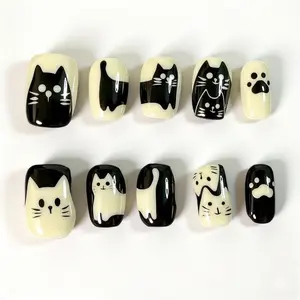 10pcs Short Square Press on Nails Cow Print Black White Comic Cat Design Y2K False Nails Cut Nails | Spring Summer Nails False Nail Reusable Easy to Wear for Parties, Daily & Dancing, Nail Kit, Nail Art Tool