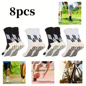 4 Packs Soccer Socks, Men Women Non Slip Grippy Socks for Football Basketball Sports, Athletic Socks Foot Covers White Black Colors calcetines  parafutbol socks for soccer grip Breathable Cushioned Soccer Socks anti slip run nig
