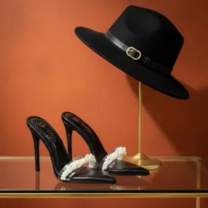 Seymone Black Pearl Mule - Elegant High Heel Shoes with Pearl Accents for Women's Fashion