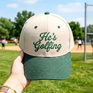 Embroidered He's Golfing Hat, Funny Golf Gift for Men, Retro Baseball, Cap Forest Green Cream Dad Hat, Unique Golfing Apparel for Husband