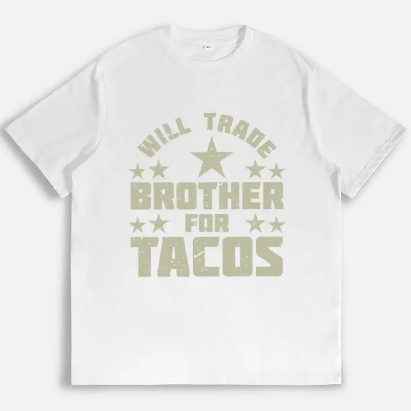 Unisex Comfy Will Trade Brother for Tacos Funny Meme Graphic Women Short Sleeve T Shirt Distressed Star Print Humorous Quote Soft Cotton Casual Everyday Wear Trendy Relaxed Fit Summer Streetwear