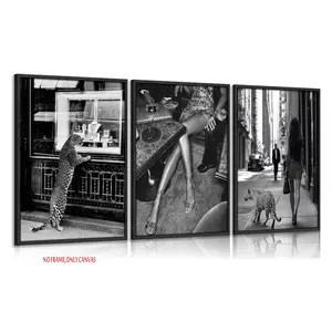 3-Piece Set / Fashionable Leopard-Print Canvas Wall Art for Girls, Trendy Black-and-White Cheetah Artwork, Stylish Women and Cheetah Poster Prints, Perfect for Decorating Bars, Living Rooms, Bedrooms, Dorm Rooms, and Apartments, 2D Flat, Frameless