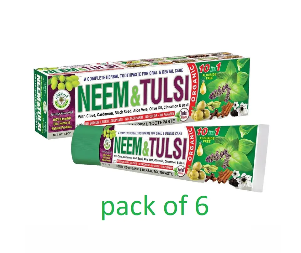 6 Pk ORGANIC NEEM & TULSI Herbal Toothpaste By AL-RIYAN, Fluoride Free Vege Base